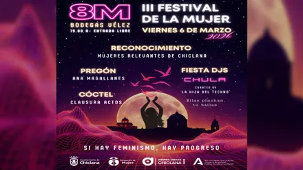 Cartel 8M del III Festival de las Mujeres se celebra este viernes en las Bodegas Vélez.