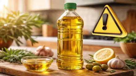 Botella de aceite de orujo con un bol y una señal de alerta en amarillo y negro.