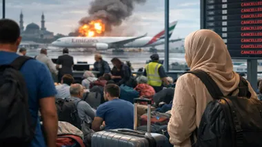 Avión en pista con personas viendo como hay llamas desde la terminal.