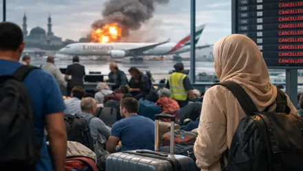 Avión en pista con personas viendo como hay llamas desde la terminal.