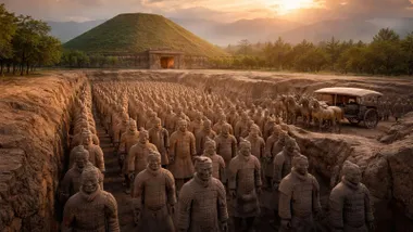 Tumba piramidal de Qin Shi Huang y el Ejército de Terracota a sus pies.