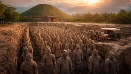 Tumba piramidal de Qin Shi Huang y el Ejército de Terracota a sus pies.