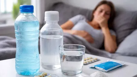 Pastillas, botella de agua y bebida isotónica y una persona enferma al fondo.