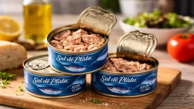 Latas azules de atún apiladas en forma de pirámide.