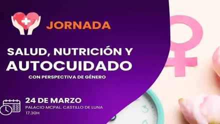 Cartel de la Jornada de Igualdad, de Autocuidado, en Rota. Destaca el color morado.