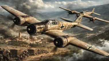 Dos aviones vuelan sobre un pueblo lejano y una columna de soldados en España en la Guerra Civil.
