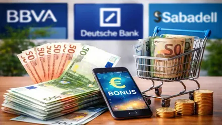 Móvil, junto a dinero y el cartel de tres bancos tras él.