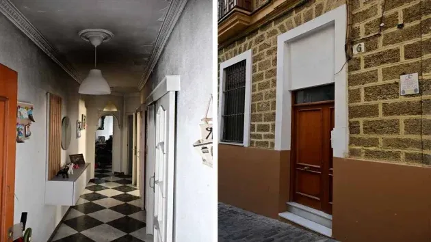 Pasillo de la casa y portal en la que se ha producido el incendio.