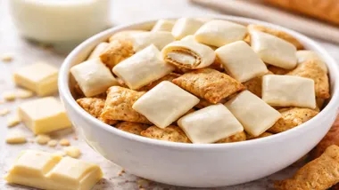 Bol de cereales con chocolate blanco.