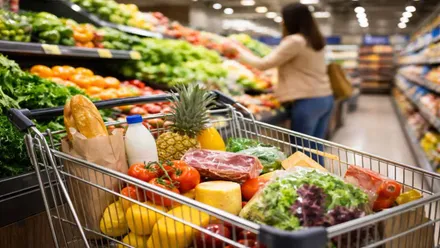 Un carro de la compra en un supermercado con productos frescos.