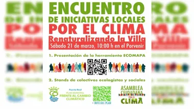 Cartel en blanco con letras rojas del encuentro por el clima en Puerto Real.