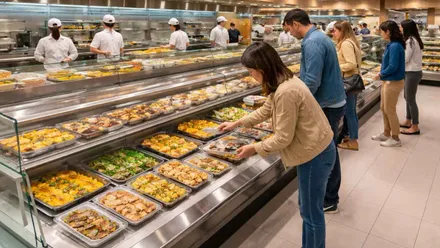 Clientes en un supermercado sirviéndose comida recién cocinada.