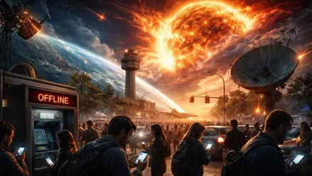 Satélites afectados por una llamarada solar y personas viendo sus móviles sin conexión.