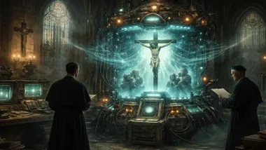 Dos sacerdotes manipulando el cronovisor con la crucifixión de Cristo.