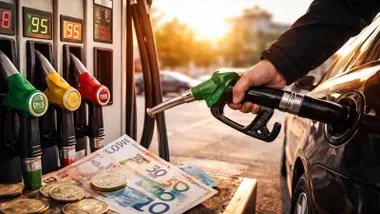 Manguera de gasolina y dinero junto a un surtidor.