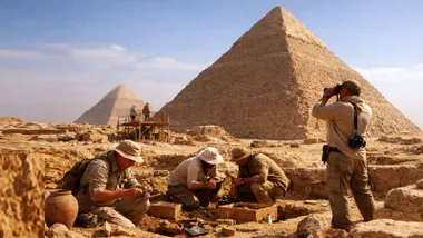 Arqueólogos trabajando en una excavación a pie de Kefrén.