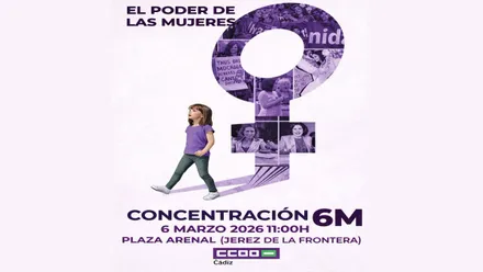 Cartel de "El poder de las mujeres", con una niña que camina y el signo de la mujer tras ella, predominan los tonos morados.