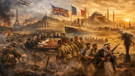 Diferentes enfrentamientos en el mundo, soldados, políticos, aviones, trincheras.