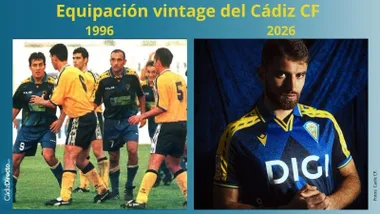 Camiseta del Cádiz CF para la jornada vintage y equipación en la que se inspira. Foto: Cádiz CF.