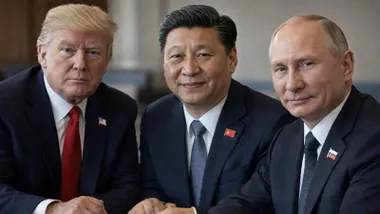 Trump, Xi Jinping y Putin, de chaqueta y con los pin de sus países.