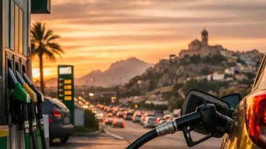 Coche repostando gasolina al atardecer.