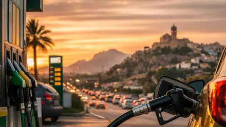 Coche repostando gasolina al atardecer.