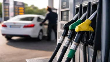 Mangueras de gasolina y coche blanco reposatando.