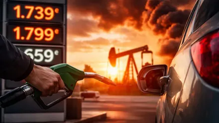 Hombre repostando gasolina y panel de precios tras el con un pozo de extracción de petróleo y el sol poniéndose.