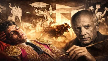 Picasso, Ignacio Sánchez Mejías vestido de torero y el Gernica de fondo.