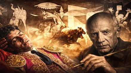 Picasso, Ignacio Sánchez Mejías vestido de torero y el Gernica de fondo.