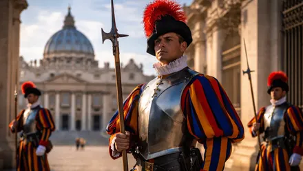 El Vaticano con tres guardias suizos con su típico uniforme en rojo, amarillo y azul.