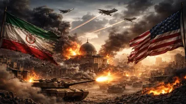 Banderas de Irán y Estados Unidos, con carros de combate y explosiones, al fondo una mezquita y aviones en el cielo.