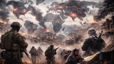 Soldados de diferentes países entre guerras y un mapa del mundo con impactos.