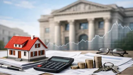 Calculadora, casa y llaves sobre papeles y una montaña de monedas.