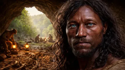 Idealización del hombre de Cheddar, de piel morena y ojos azules en una caverna.