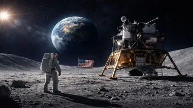 Módulo lunar con un astronauta y la luna al fondo.