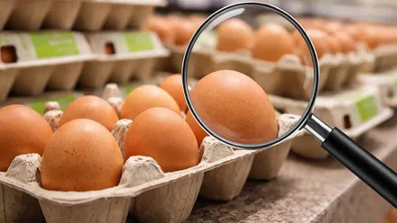 Huevos camperos morenos bajo una lupa.