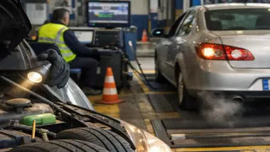 Un coche pasa la ITV miemtras un operarios revisa los niveles.