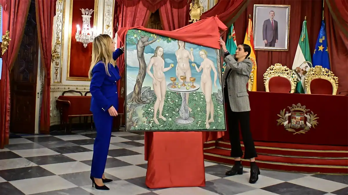 Momento en el que se descubre el cuadro realizado por la artista Marina Iglesias, imagen del Día de la Provincia de Cádiz 2026.