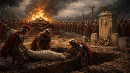 Soldados en formación enterrando a un centurión romano a la luz de las antorchas.