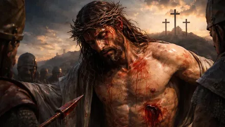 Imagen de Jesús de Nazaret con las tres cruces en el Gólgota.