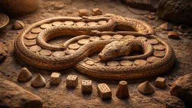 Juego con forma de serpiente y dados. Todo en color tierra.