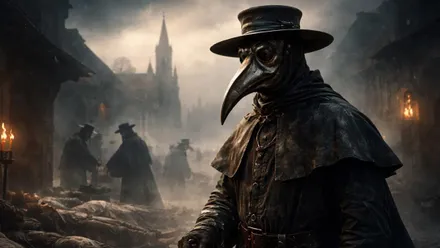 La típica máscara picuda y el traje de cuero de los "dotores da morte".