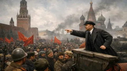 masa de personas escuchando discurso acalorado de Lenin.