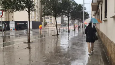Una mujer camina bajo un paraguas por la Avenida de la Sanidad Pública de Cádiz en un día gris y lluvioso, que se aprecia en las aceras y carretera mojadas