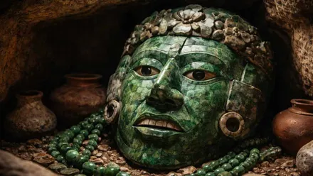 Máscara de jade verde del Señor de Yuknoom en Calakmul.