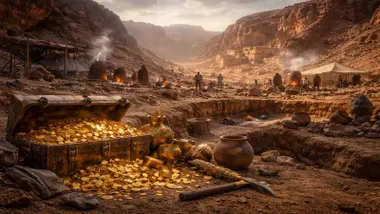 Explotación minera y cofre con monedas de oro.
