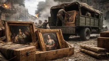 Camión cargando cuadros salvándolos de la Guerra Civil.