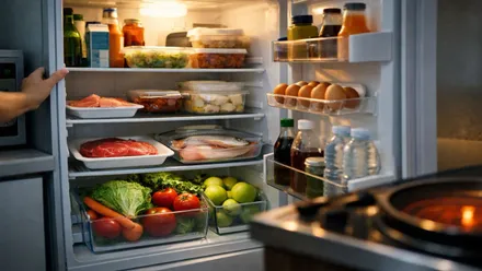 Frigorífico con la puerta abierta y alimentos ordenados.