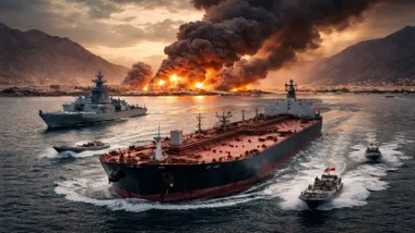 Petrolero cruzando el Estrecho de Ormuz con la escolta de dos buques de guerra.